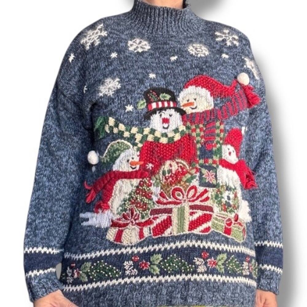 Vintage Tiara International Snowman Christmas Holiday Sweater Blue Knit Pullover